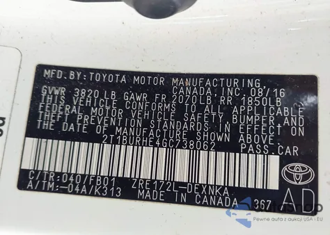 2016 Toyota Corolla Le из США, поврежденный, VIN 2T1BURHE4GC738062